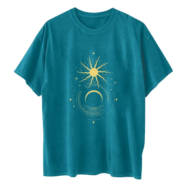 Ladies Retro Sun And Moon Element Positioning Printing Drop Shoulder Short Sleeved T Shirt Blue - Shop at LoveMi