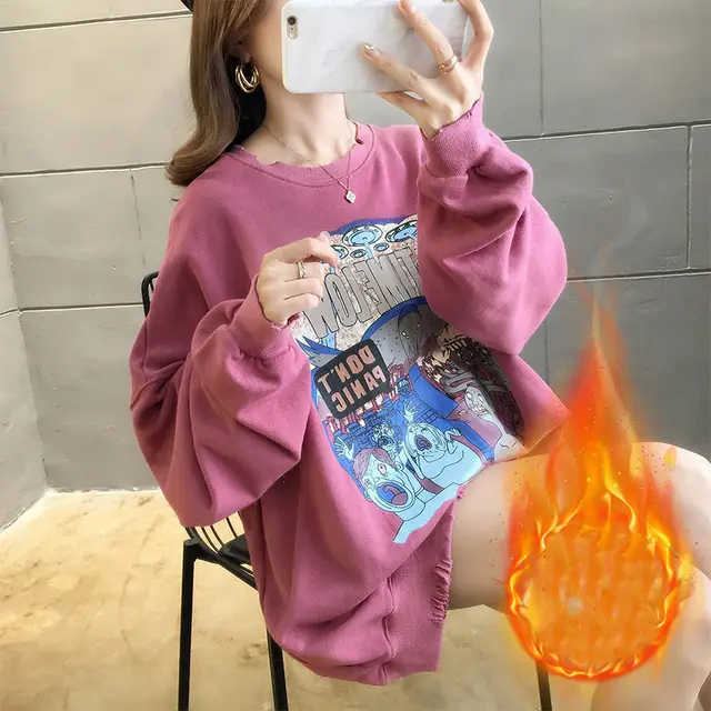 Plus Velvet Thickening Can Not Afford The Ball Composite Sweater Women Round Neck Embroidery Loose Top Coat Pink - Shop at LoveMi