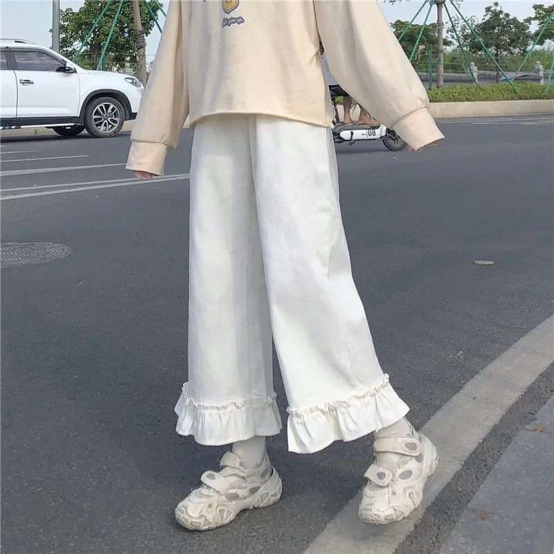 Loose Plus Size Wide-leg Pants Student Casual Cropped Trousers - White
