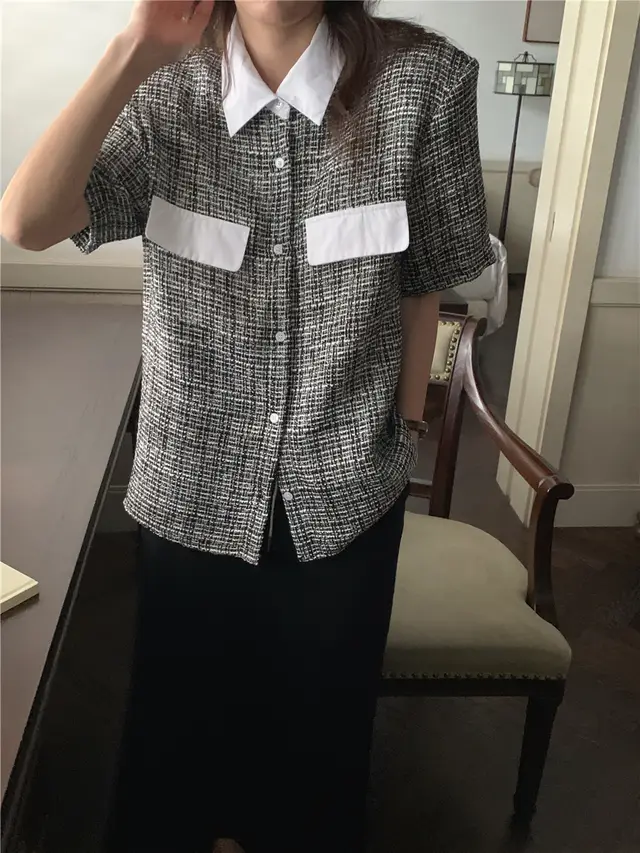 Single breasted Contrast Pockets Loose Casual Thin Tweed Small Coat Women Black - Shop at LoveMi