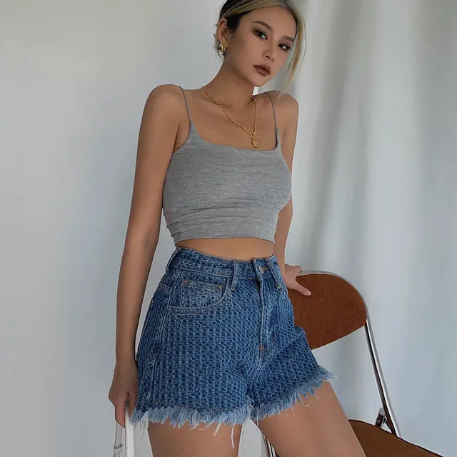 High waisted Skinny With Frayed Hot Pants Retro Light Blue - Shop at LoveMi