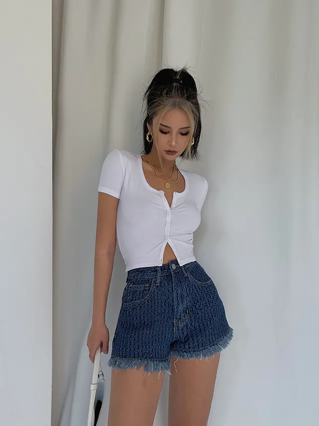 High waisted Skinny With Frayed Hot Pants Retro Navy Blue - Shop at LoveMi