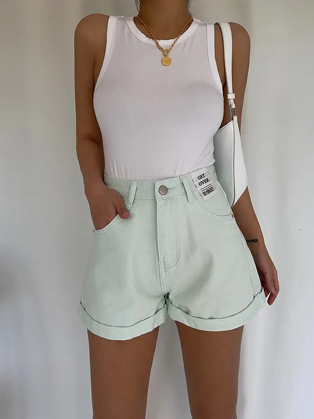 White Denim Shorts Women's High waisted A line Loose Wide legged Hot Pants Mint Green - Shop at LoveMi