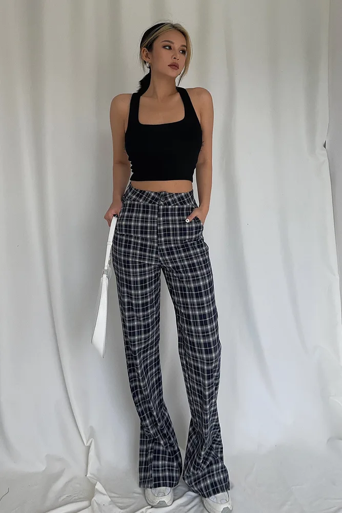 Retro Slit Check Trousers High Waist Loose And Thin Grid Pattern S - Shop at LoveMi