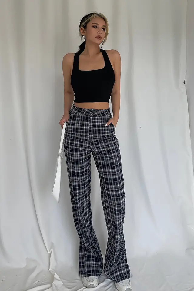 Retro Slit Check Trousers High Waist Loose And Thin Grid Pattern - Shop at LoveMi
