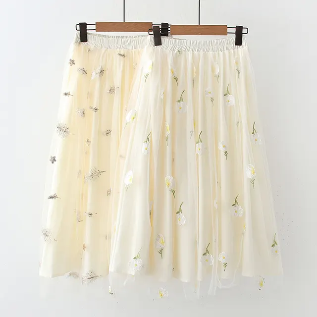 New Embroidered Fairy High Waist Mori Mid length Skirt Apricot - Shop at LoveMi