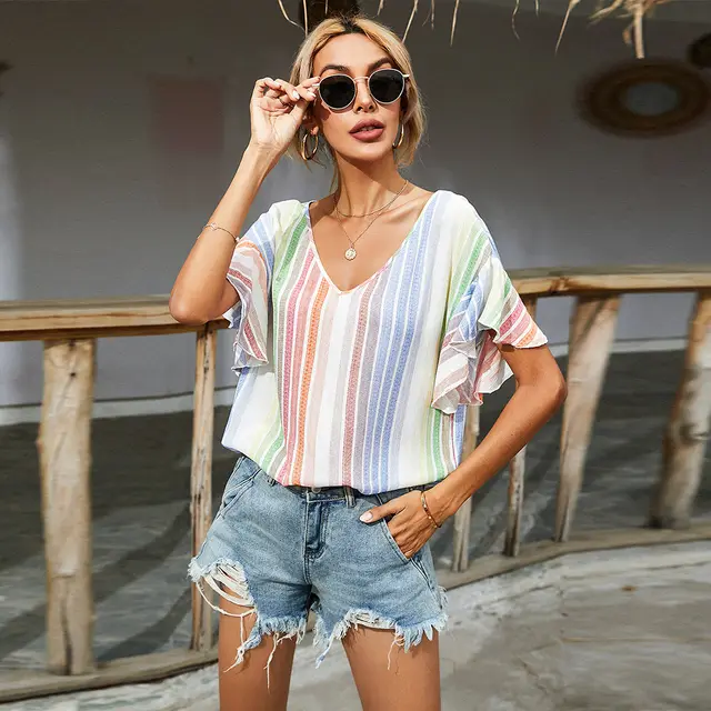 Round Neck Chiffon Five Point Sleeve Floral Short Sleeved T Shirt Women Stripe - Shop at LoveMi