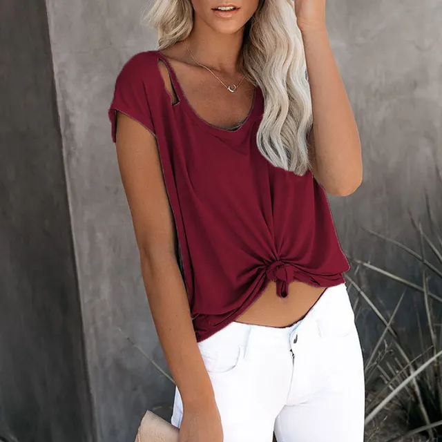 Round Neck Loose Pullover Women's Top Short sleeved T Shirt Women's Solid Color Wine Red - Shop at LoveMi