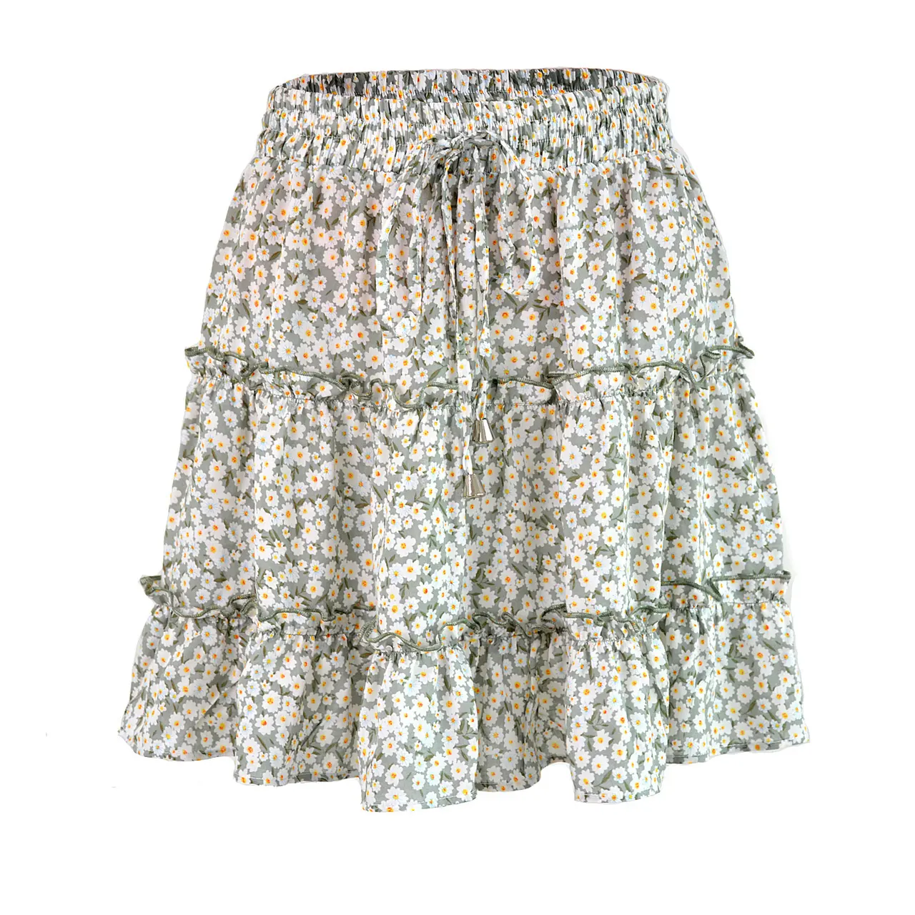 Women Summer High Waist Beach Dress Ladies Falbala Skirt - Green Floral - View 1
