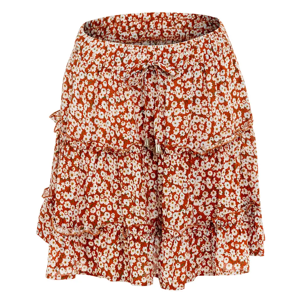 Women Summer High Waist Beach Dress Ladies Falbala Skirt - Orange Red Flower - View 1