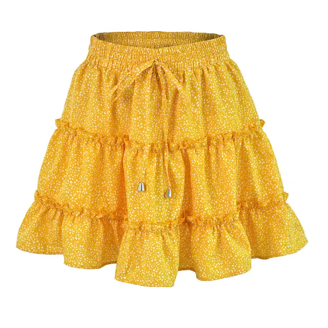 Women Summer High Waist Beach Dress Ladies Falbala Skirt Yellow Dot - Shop at LoveMi