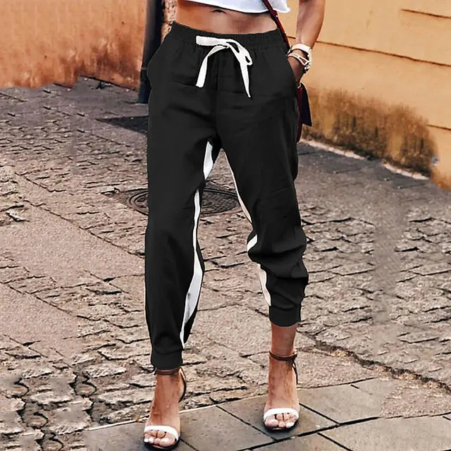Solid Color Stitching Elastic Lace up Trousers Black - Shop at LoveMi