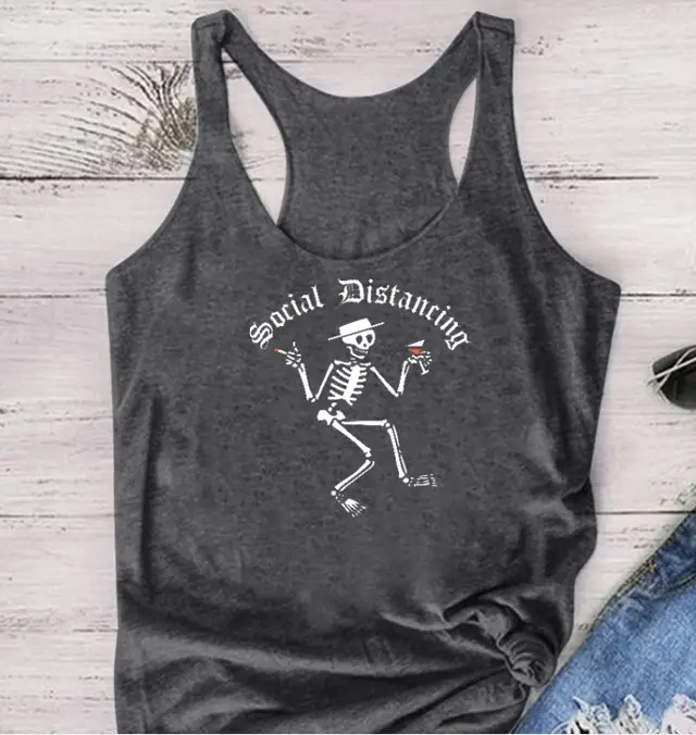 European And American Printed Social Distancing Letter Vest Women Grey - Shop at LoveMi