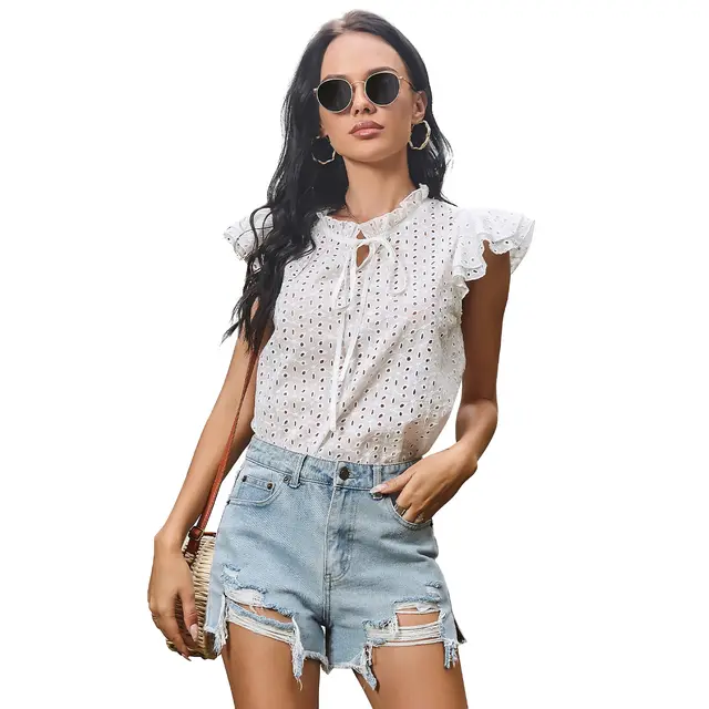 Summer Hollow Lace Round Neck Lotus Leaf Sleeve Shirt Blouse Women White - Shop at LoveMi