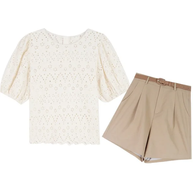Can Salt Can Be Sweet Hollow Top Lace Shorts Two piece Suit Top And Shorts - Shop at LoveMi