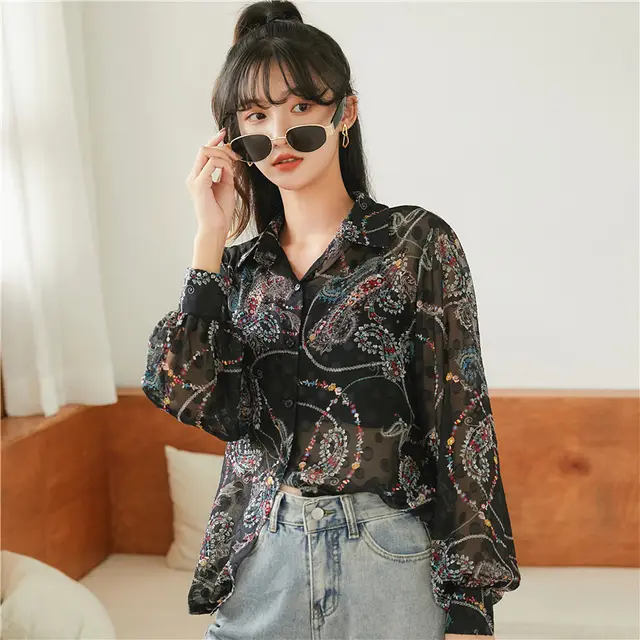 New Female Lantern Sleeve Shirt Fairy Spring And Autumn Lapel Black - Shop at LoveMi
