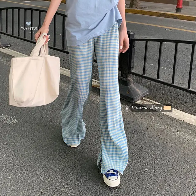 Blue Plaid Slit Casual Wide Leg Pants - Blue