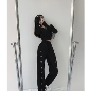 New Love High Waist Drawstring Pants Loose Drawstring - Black