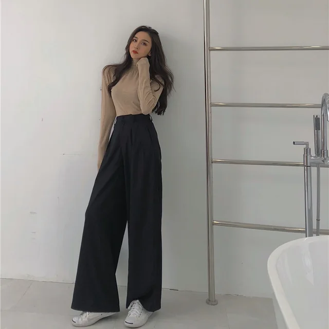 High Waist Drape Suit Pants Thin Retro Casual Pants Loose Straight Pants Black - Shop at LoveMi