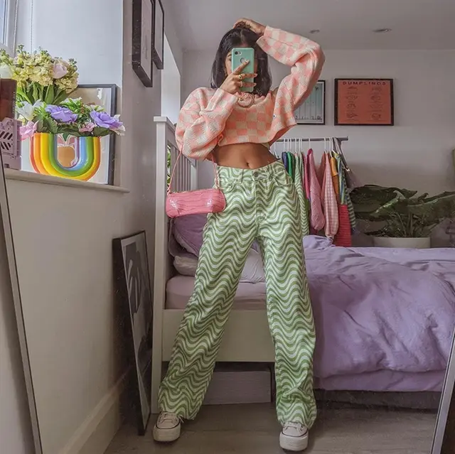 Ripple Print High Waist Straight Leg Pants Green - Shop at LoveMi