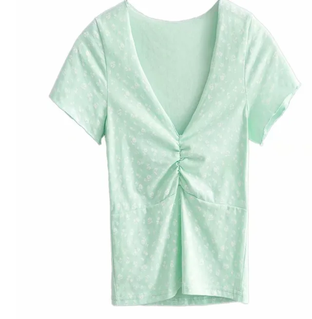 Small Floral Sexy V neck Pleated Short sleeved T shirt Green - Shop at LoveMi