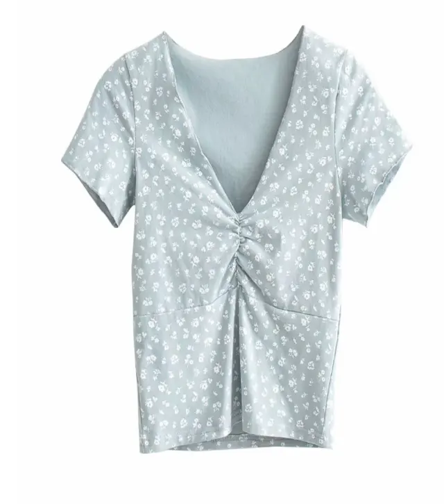Small Floral Sexy V neck Pleated Short sleeved T shirt Light Blue - Shop at LoveMi