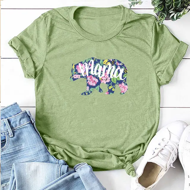 Mama Mom Bear Letter Print T shirt Leopard Print Big And Small Bear Animal Print Short Sleeves Green - Shop at LoveMi