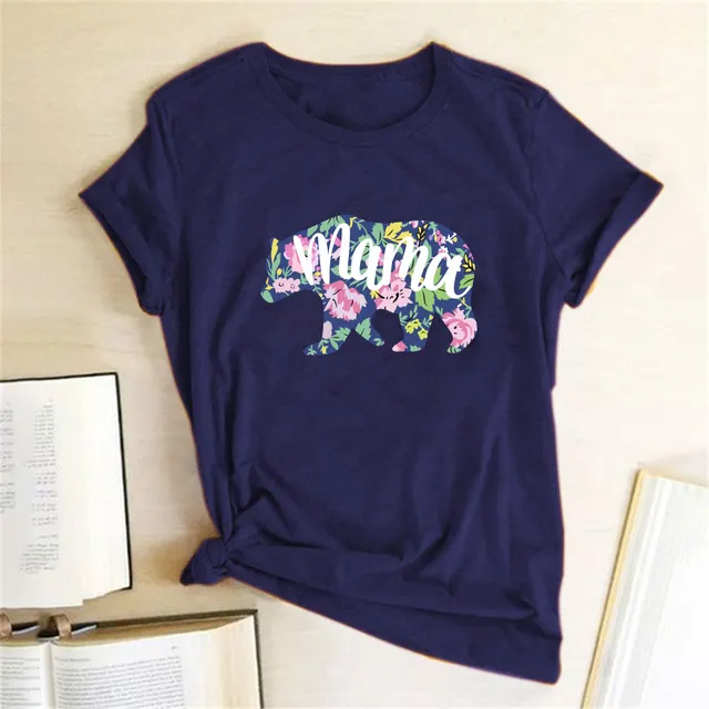 Mama Mom Bear Letter Print T shirt Leopard Print Big And Small Bear Animal Print Short Sleeves Navy Blue - Shop at LoveMi
