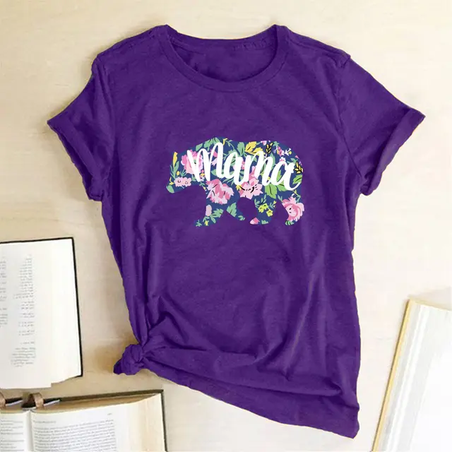 Mama Mom Bear Letter Print T shirt Leopard Print Big And Small Bear Animal Print Short Sleeves Purple - Shop at LoveMi