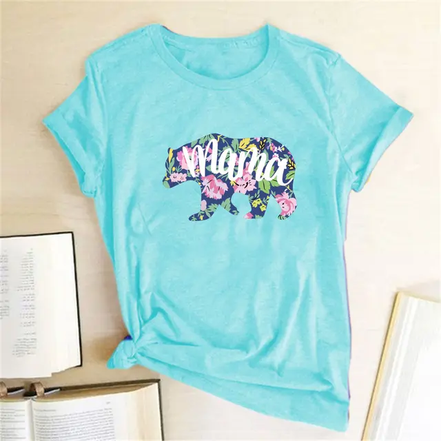Mama Mom Bear Letter Print T shirt Leopard Print Big And Small Bear Animal Print Short Sleeves Sky Blue - Shop at LoveMi