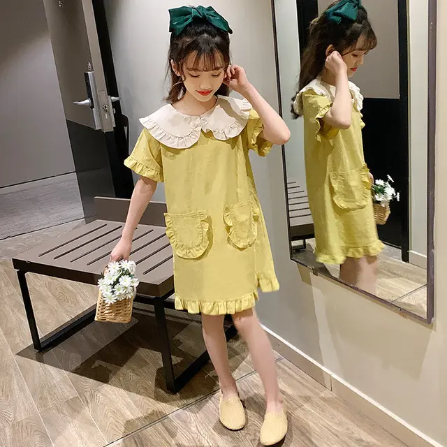 New Net Red Korean Cotton Dress Doll Collar Summer Skirt Yellow - Shop at LoveMi