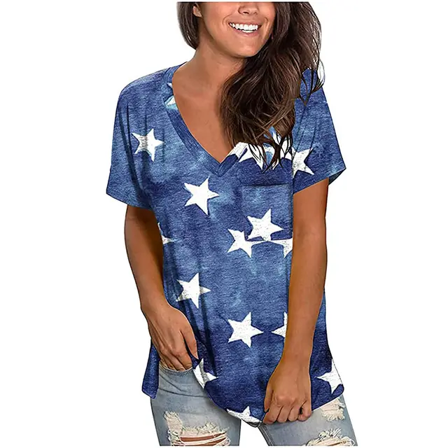 Women's Top National Flag Printed V neck Short sleeved Loose T shirt Women 1 Style - Shop at LoveMi