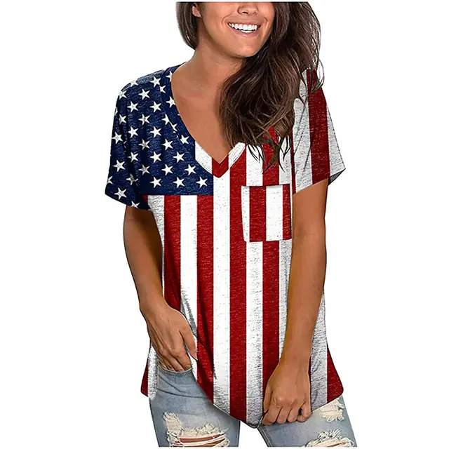Women's Top National Flag Printed V neck Short sleeved Loose T shirt Women 2 Style - Shop at LoveMi