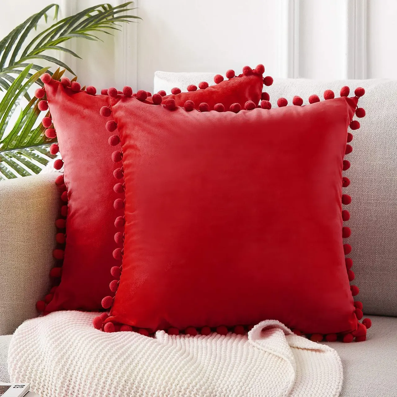Ball Lace Velvet Sofa Pillowcase - Scarlet