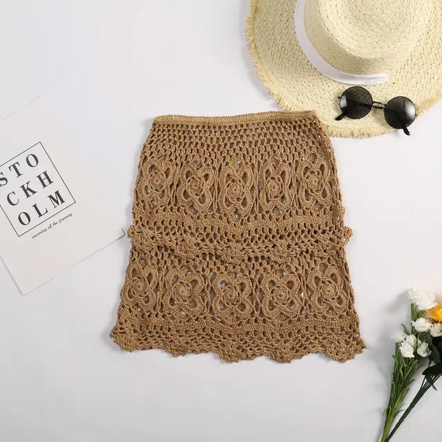 Sexy Hollow Knitted Bikini Half length Wrap Skirt Khaki - Shop at LoveMi
