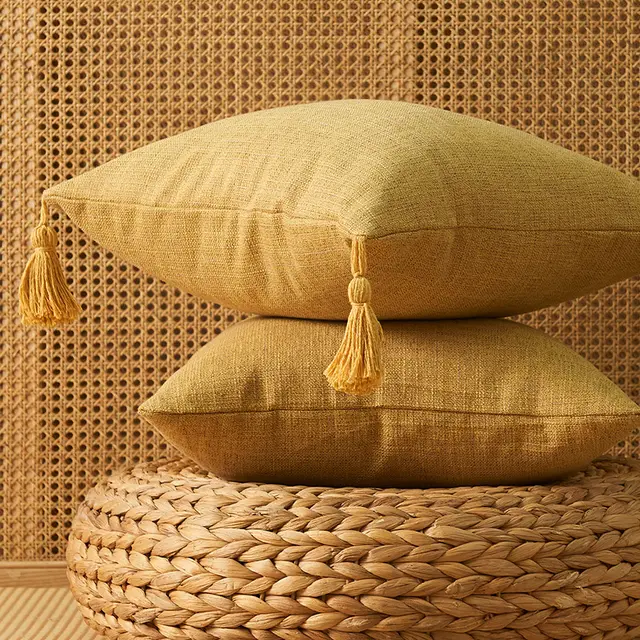 Japanese Solid Color Cotton And Linen Tassel Pillowcase Home Simple Art Style Square Pillow Cushion Cover Without Core Yellow With Tassels - Shop at LoveMi