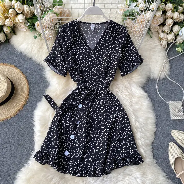 Small Dress New Summer Sweet Love Print Trumpet Sleeve Lace up Waist Short First Love Dress Black - Shop at LoveMi