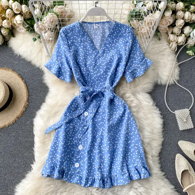 Small Dress New Summer Sweet Love Print Trumpet Sleeve Lace up Waist Short First Love Dress Blue - Shop at LoveMi