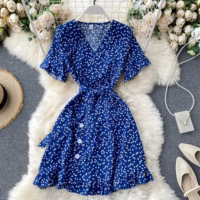 Small Dress New Summer Sweet Love Print Trumpet Sleeve Lace up Waist Short First Love Dress Dark Blue - Shop at LoveMi