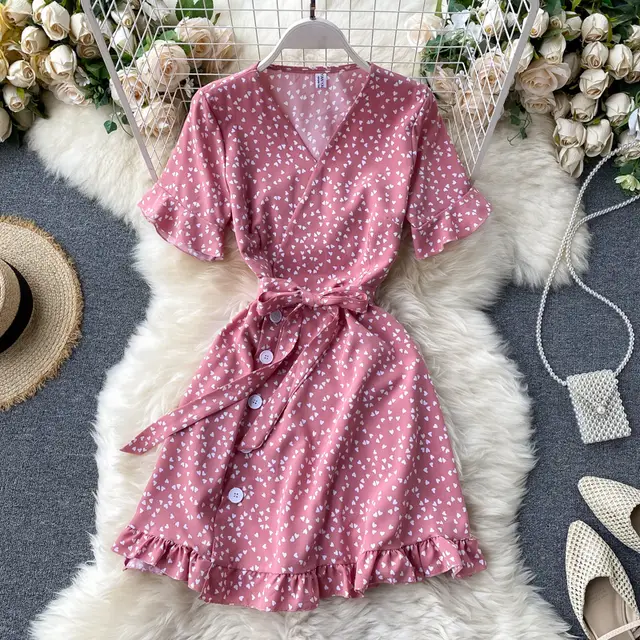 Small Dress New Summer Sweet Love Print Trumpet Sleeve Lace up Waist Short First Love Dress Rose Red - Shop at LoveMi