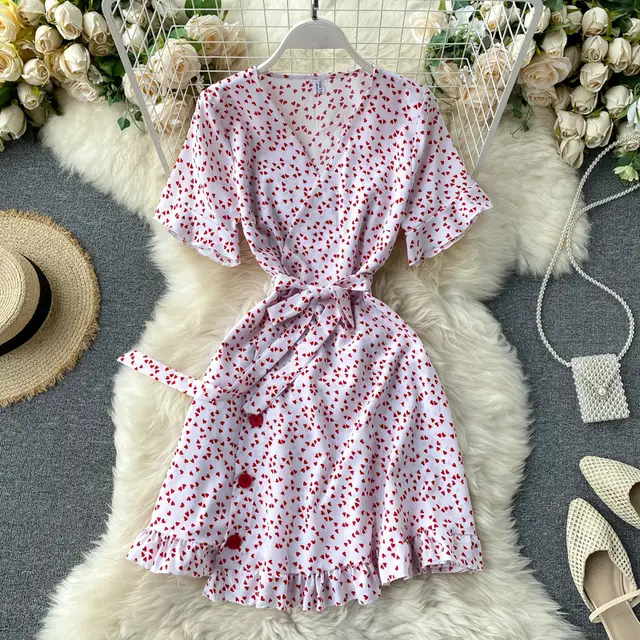 Small Dress New Summer Sweet Love Print Trumpet Sleeve Lace up Waist Short First Love Dress White - Shop at LoveMi