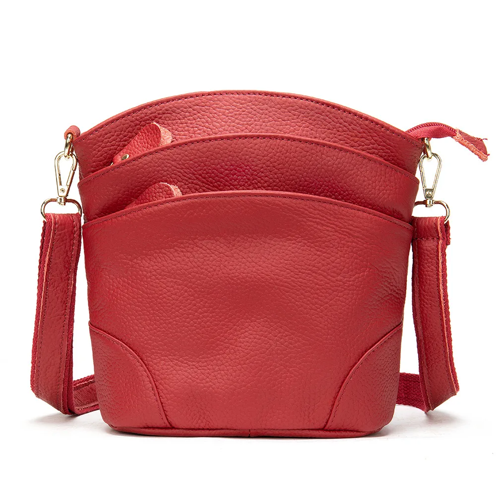 Top Layer Leather Crossbody One shoulder Bucket Bag Red - Shop at LoveMi