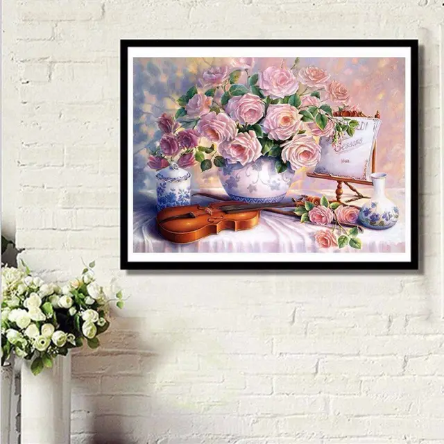 DIY 5D Diamond Painting Mosaic Violin And Flowers Handmade Diamond Cross Stitch Diamond Embroidery Home Decoration Round Canvas - Shop at LoveMi