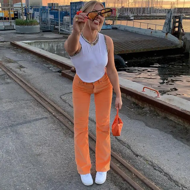 Net Red Colored High Waist Jeans Orange - Shop at LoveMi