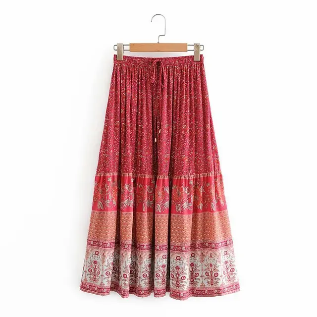 Temperament Rayon Printed Elastic Waist High Waist Skirt Red - Shop at LoveMi