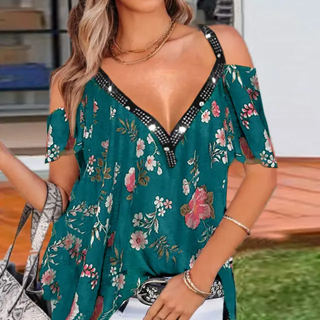 Summer V Neck Printed Off The Shoulder Short Sleeved Top Blue - Shop at LoveMi