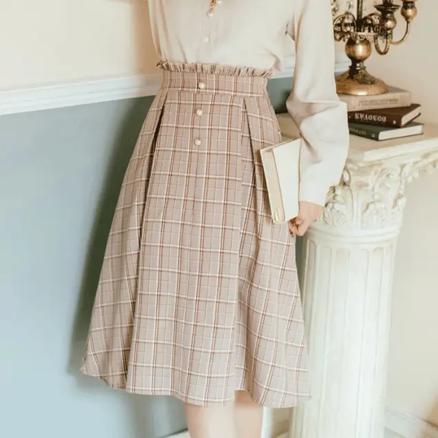 Milk Tea Plaid Skirt Mid length High waist Pleated Skirt Female Summer Literature And Art Retro Umbrella Skirt Autumn And Winter A line Skirt Kha... Khaki Skirt - Shop at LoveMi