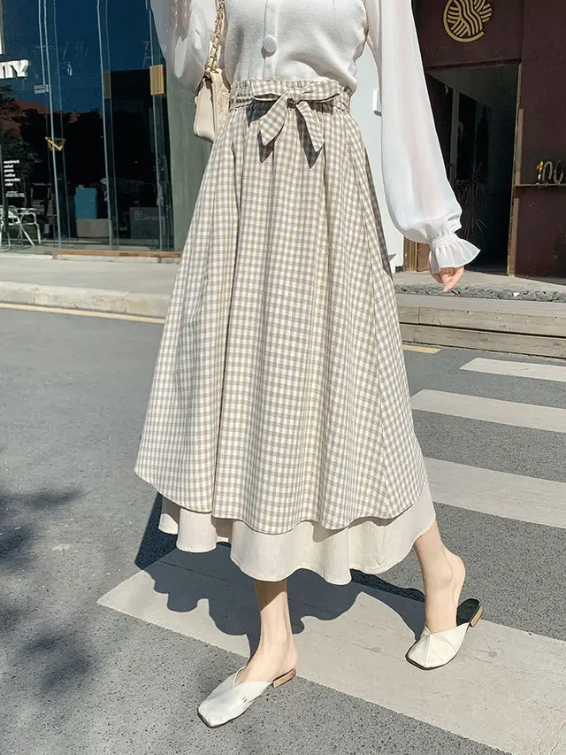 Plaid Super Long Skirt Japanese Cotton And Linen Skirt Sen High Waist Was Thin Literary Retro A line Spring And Summer Female Umbrella Skirt Apricot - Shop at LoveMi