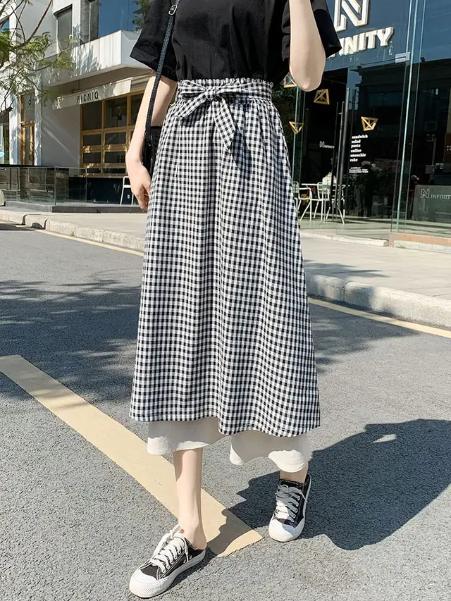 Plaid Super Long Skirt Japanese Cotton And Linen Skirt Sen High Waist Was Thin Literary Retro A line Spring And Summer Female Umbrella Skirt Black - Shop at LoveMi