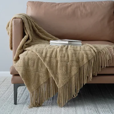 Jacquard Knitted Bed Tail Towel Autumn Winter Blanket Camel - Shop at LoveMi